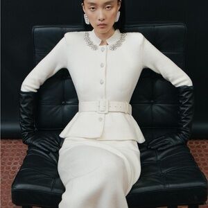 Self-Portrait NEW CREAM WOOL PEPLUM KNIT MIDI DRESS